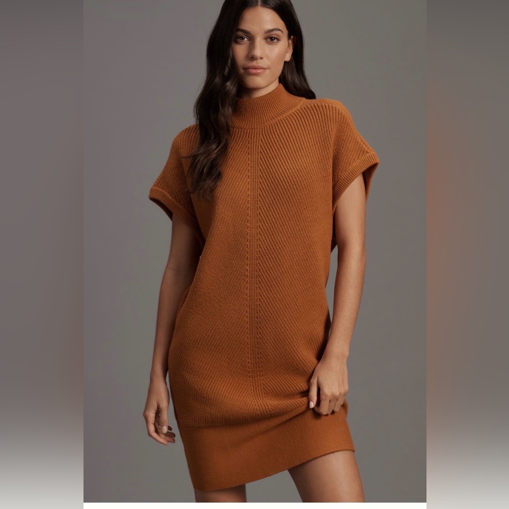 Anthropologie Ribbed Mock Neck Sweater Dress XSP Petite Brown